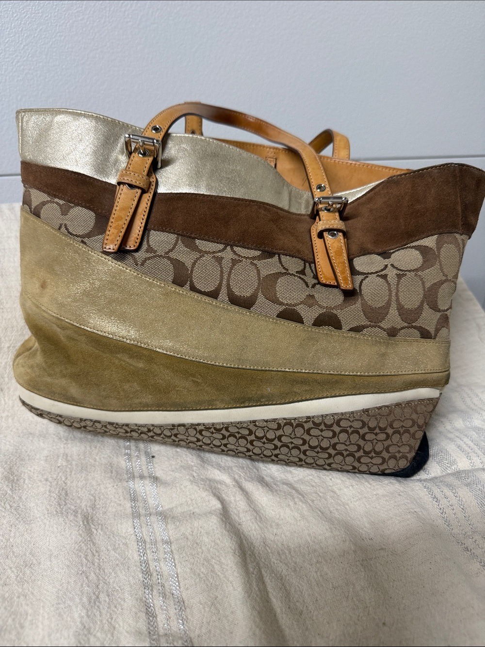 Coach Patchwork Wave Tote in Brown, Tan and Gold